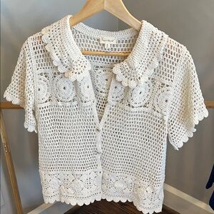 Hem & Thread Crocheted Button Front Top - Off White